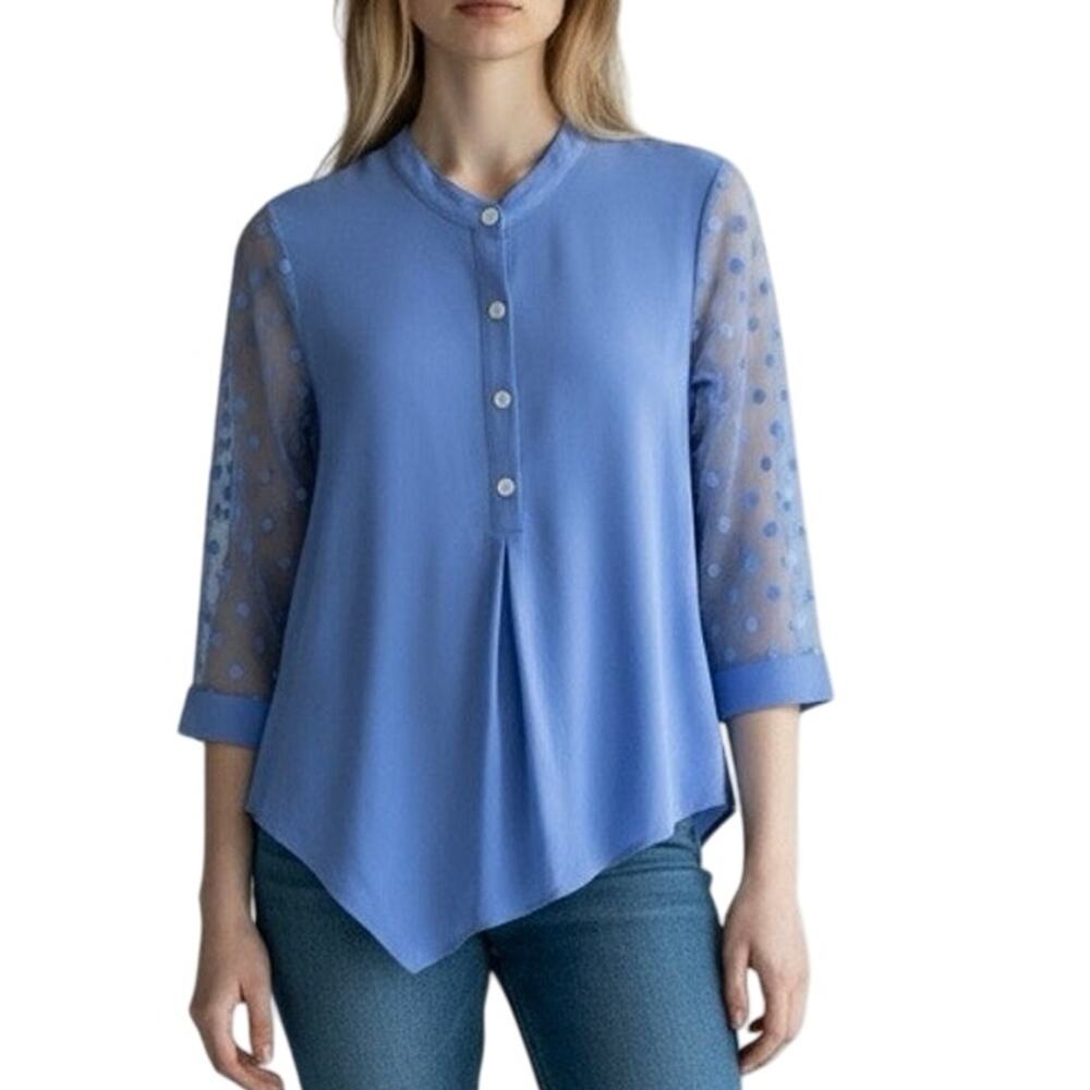 Studio 1886 Asymmetrical‎ Top Womens S Blue Polka Dot Mesh Sleeves Button Modern